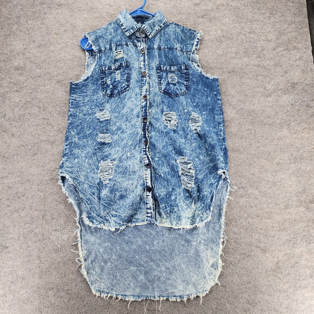 Thrill Jeans Shirt Womens Large Button Up Sleeveless Distressed Blue